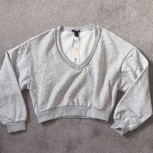 Zara Light Gray V-Neck Cropped Sweatshirt with Rhinestone Trim